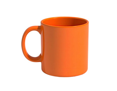 A vibrant orange ceramic mug, handle on the left, stands against a black background