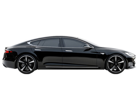 Sleek black tesla model s electric sedan viewed from the side isolated on transparent background