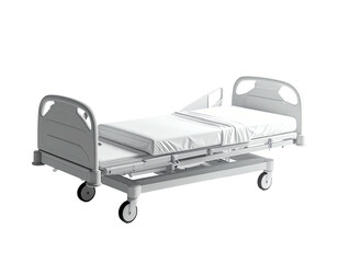 Modern adjustable hospital bed with white sheets and side rails, against black backdrop