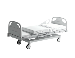 Modern adjustable hospital bed with white sheets and side rails, against black backdrop