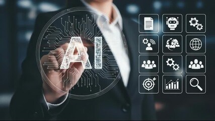 Businesswoman touching a glowing ai symbol on a digital interface, surrounded by technology icons representing data, automation, and analytics - Powered by Adobe
