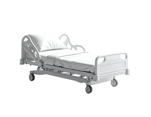 A clean, adjustable hospital bed with white linens and pillow