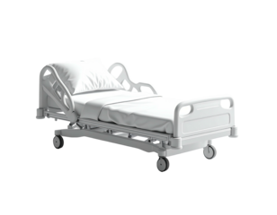 A clean, adjustable hospital bed with white linens and pillow