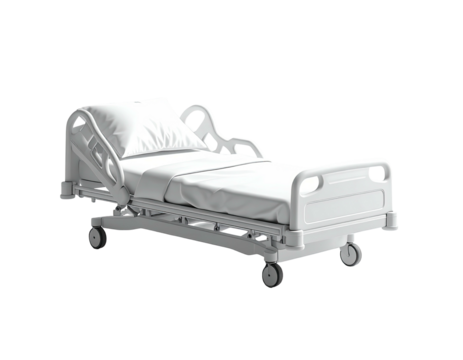 A clean, adjustable hospital bed with white linens and pillow