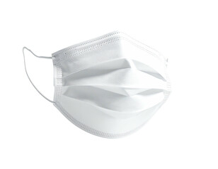 A close-up shot of a white surgical mask floating against a black backdrop