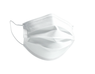 A close-up shot of a white surgical mask floating against a black backdrop