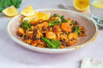 Chorizo and prawns rice with tenderstem broccoli
