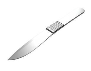 A shiny, angled surgical blade against a black background. Detailed stainless steel