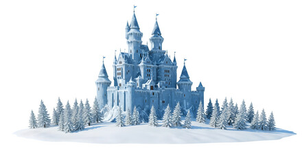Obraz premium Icy blue castle stands amidst snow-covered pines for fantasy tale illustrations, winter festival graphics, holiday cards.