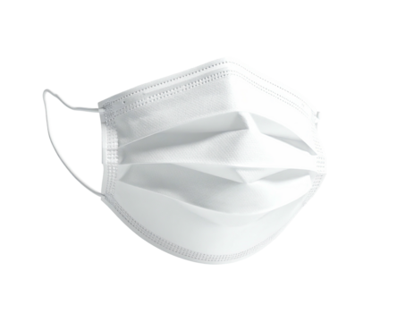 A close-up shot of a white surgical mask floating against a black backdrop