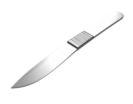 A shiny, angled surgical blade against a black background. Detailed stainless steel