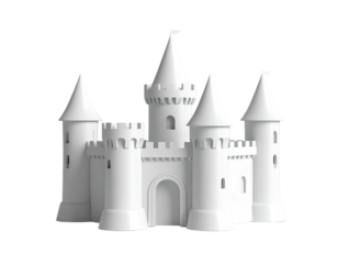 A clean, minimalist, white castle with multiple turrets and battlements