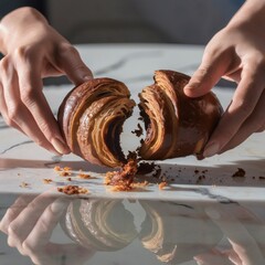 A hands-only shot of hands breaking a
chocolate croissant apart over a marble tabletop with crumbs falling. Macro crispness, natural morning light, and mouthwatering texture focus.