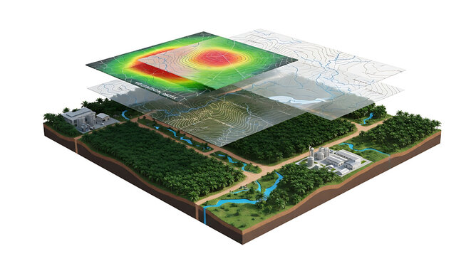 Layered geographic data visualization representing land elevation and urban development
