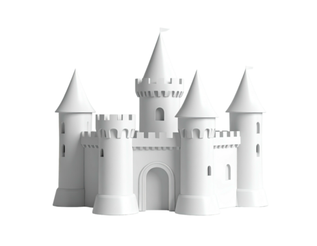 A clean, minimalist, white castle with multiple turrets and battlements
