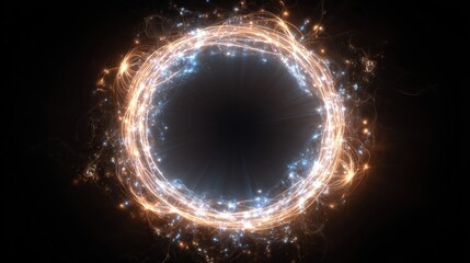 A glowing ring of light with sparks and trails, framing a black void, against a dark background