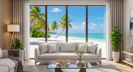 Interior design showcases a modern living room with a large window framing a stunning tropical beach scene, featuring a white sofa, lush plants, and natural light illuminating the space, creating a...