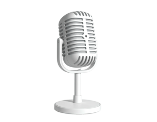 A classic white microphone with a mesh head stands on a round base