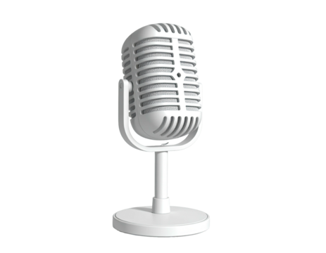 A classic white microphone with a mesh head stands on a round base