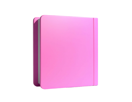 Pink, glossy book standing upright, with a visible spine and pages, on black background