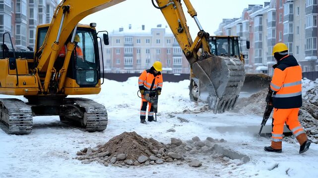 A construction worker operates a jackhammer near an excavator on a snowy construction site. The construction worker and excavator collaborate to move materials in the construction