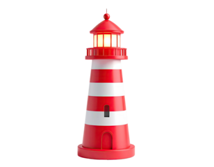 A red and white striped lighthouse with glowing lamp on a solid black backdrop
