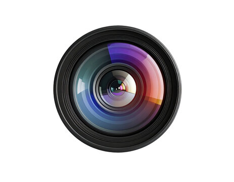 Up-close view of a camera lens with colorful reflections against a black background