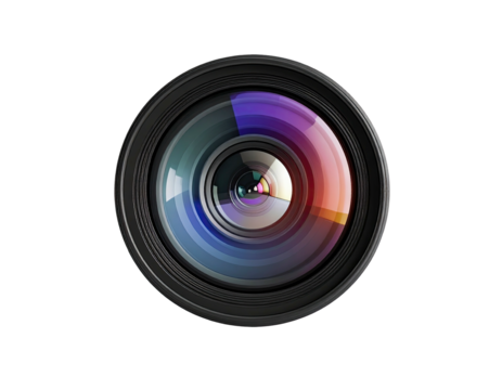 Up-close view of a camera lens with colorful reflections against a black background