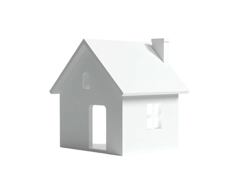 A 3D rendered minimalist white house with chimney and open door against black