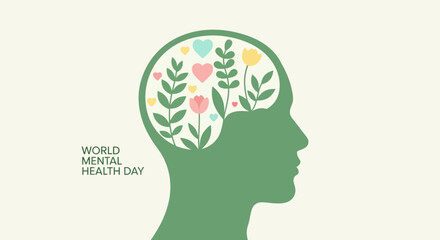 Flat Illustration World Mental Health Day Green Head Profile Filled Flowers