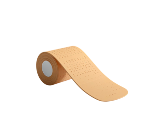 Roll of tan medical tape unfurls against black. Perforated and light, ready for use