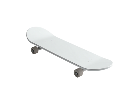 A crisp, isolated, white skateboard with gray wheels against a stark black background