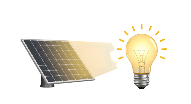 Solar panel energy flows to lightbulb, highlighting clean power. Perfect for eco branding, green energy promos, technology presentations.
