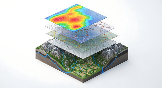 Stacked Geographic Maps Representing Terrain and Data Layers in a Visual Illustration