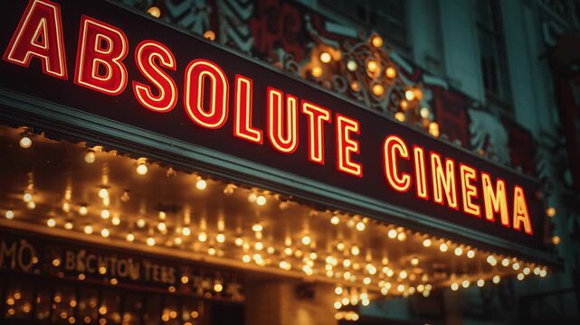 4k video of a theatre sign text Absolute Cinema. Concept of movie premiere.