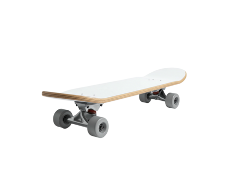 A white skateboard sits suspended in midair, with a black backdrop