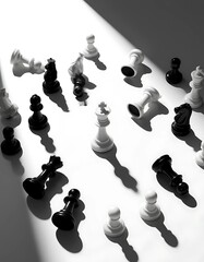 White King Chess Piece Surrounded by Scattered and Fallen Pieces - Concept of Strategic Planning, Victory, Conflict, and Leadership