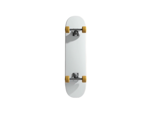 Overhead view of a pristine white skateboard with yellow wheels against black