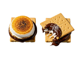 Two gourmet s'mores, one bitten showing gooey marshmallow, melted chocolate, flaky sea salt, & crisp graham crackers, 45-degree overhead on clean transparent background. Concept of gourmet dessert