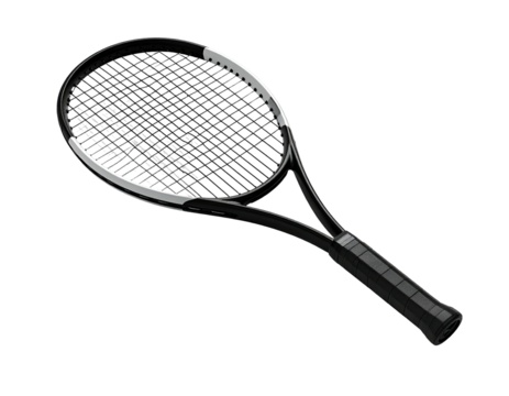 A black and silver tennis racquet, isolated on black, angled slightly upward