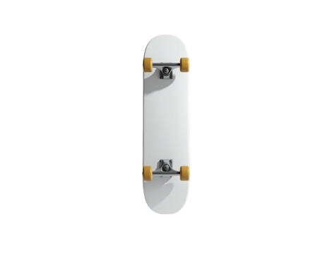 Overhead view of a pristine white skateboard with yellow wheels against black