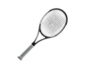 A grayscale rendering of a tennis racket, handle angled, against a black backdrop