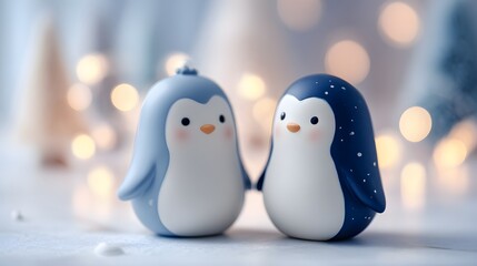 Delicate and charming illustration featuring two adorable penguins with a softly blurred background of warm bokeh lights, evoking a sense of winter wonder and festive cheer in a serene, bright...