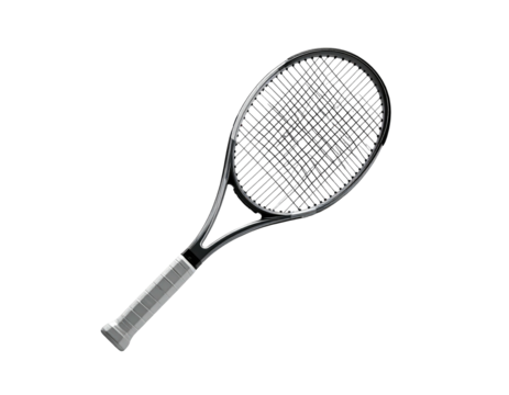 A grayscale rendering of a tennis racket, handle angled, against a black backdrop