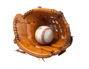 A leather baseball mitt cradles a well-used ball against a black backdrop