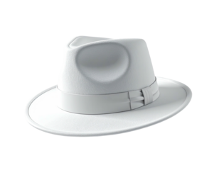 Rendered white fedora with ribbon band and a distinctive brim