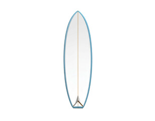 A white surfboard with blue trim and a fin, isolated on a black background