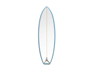 A white surfboard with blue trim and a fin, isolated on a black background