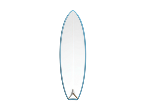 A white surfboard with blue trim and a fin, isolated on a black background - Powered by Adobe