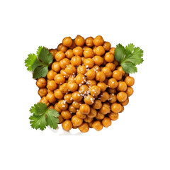 Crisp golden-roasted chickpeas with sea salt and cilantro in a white ceramic bowl, top-down flat lay on transparent, high-key studio lighting, concept for healthy snack advertising